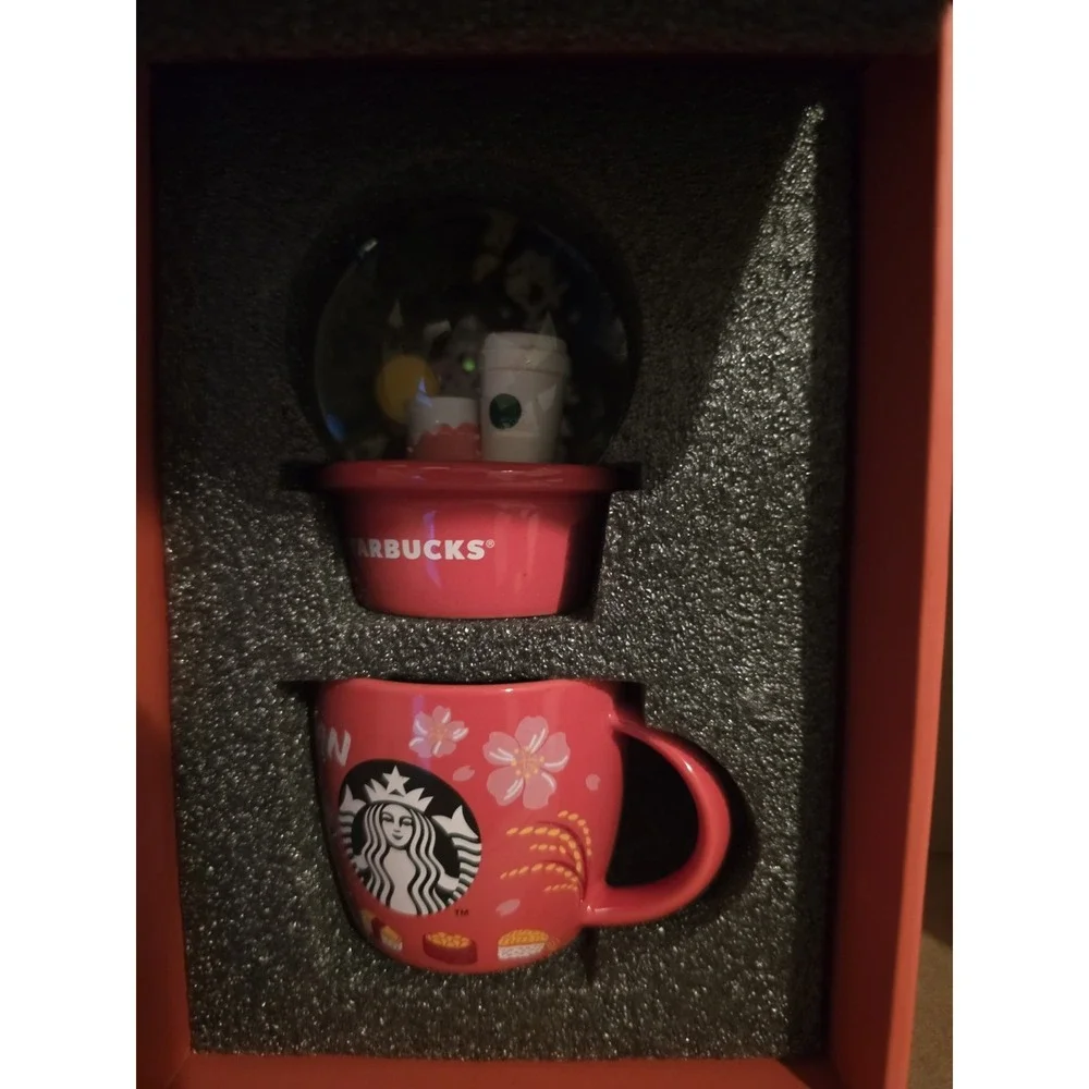 Starbucks Japan Snow Globe Mug Japan Sakura Cherry Blossom Red New in Box